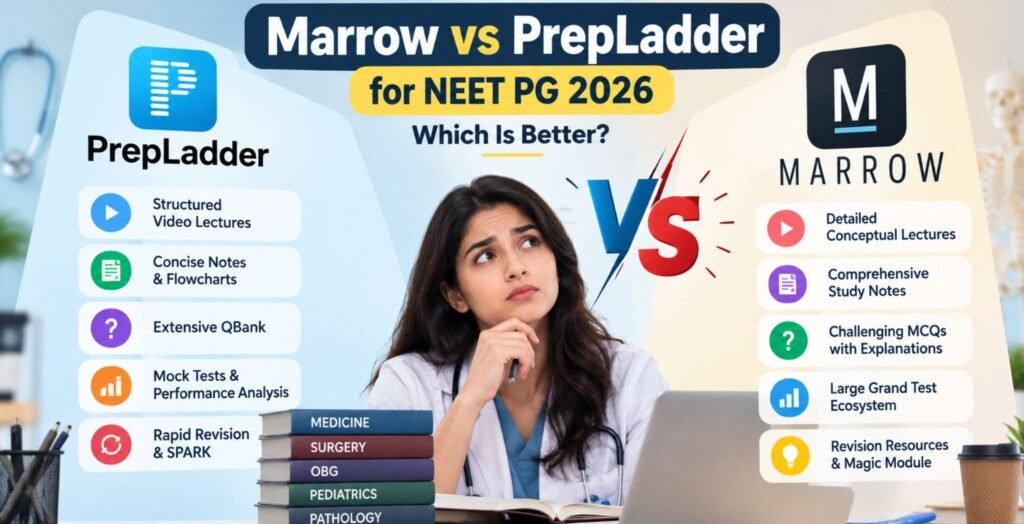 Marrow vs PrepLadder for NEET PG 2026 comparison, PrepLadder vs Marrow video lectures and QBank comparison, Marrow or PrepLadder which is better for NEET PG 2026, Confused medical student comparing Marrow and PrepLadder, Marrow vs PrepLadder notes, Grand Tests and revision features
