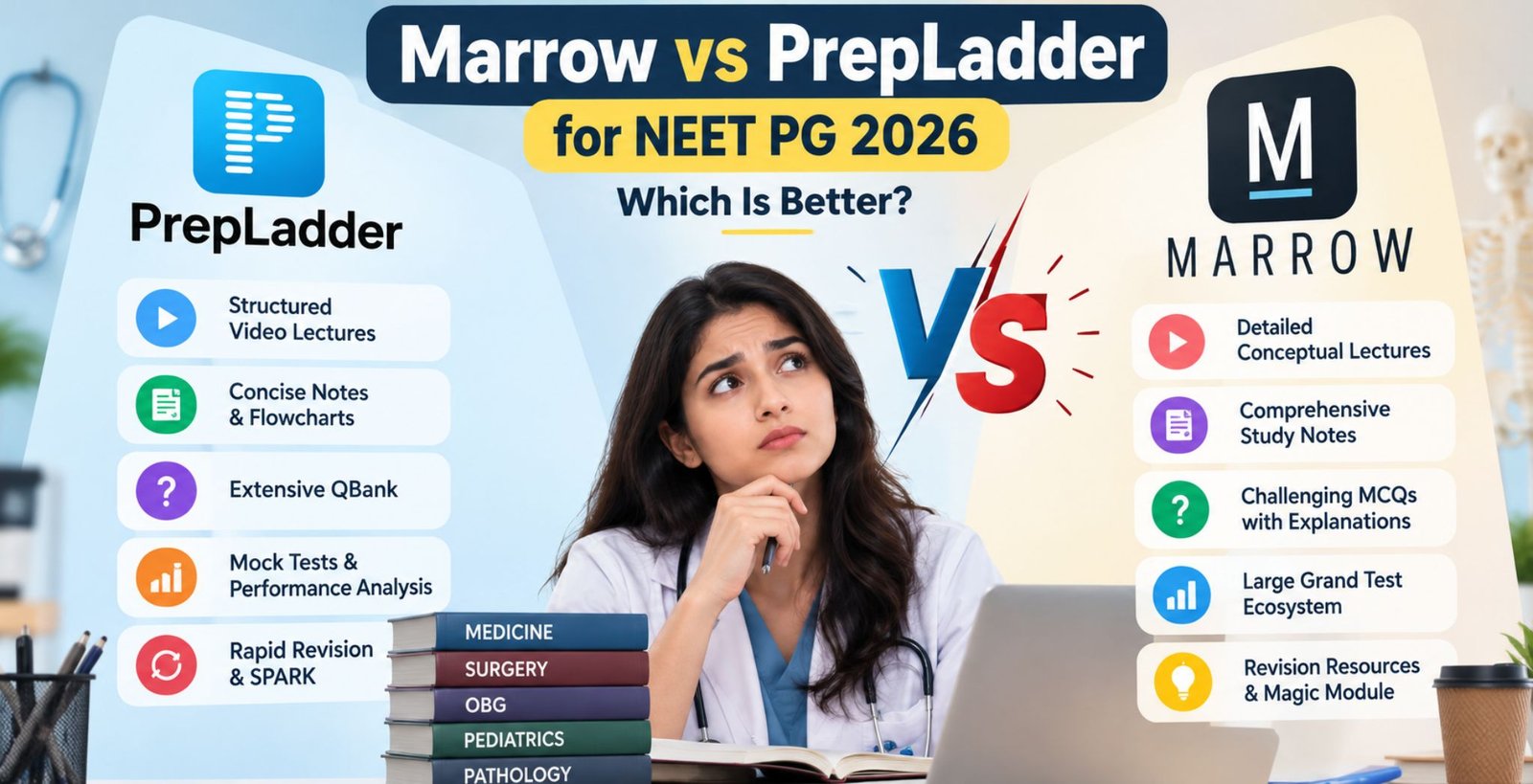 Marrow vs PrepLadder for NEET PG 2026 comparison, PrepLadder vs Marrow video lectures and QBank comparison, Marrow or PrepLadder which is better for NEET PG 2026, Confused medical student comparing Marrow and PrepLadder, Marrow vs PrepLadder notes, Grand Tests and revision features